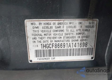 2001 Honda Accord Value Package из США, поврежденный, VIN 1HGCF86691A141698